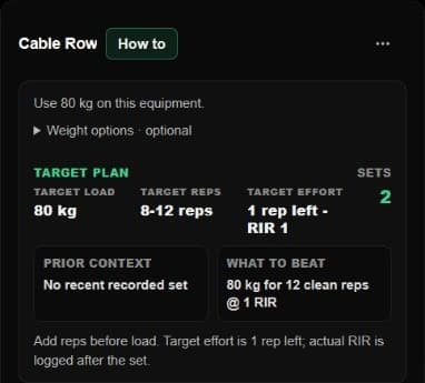 Actual LazyFit Cable Row target panel: 80 kg, 8–12 reps, 1 RIR and 2 sets.